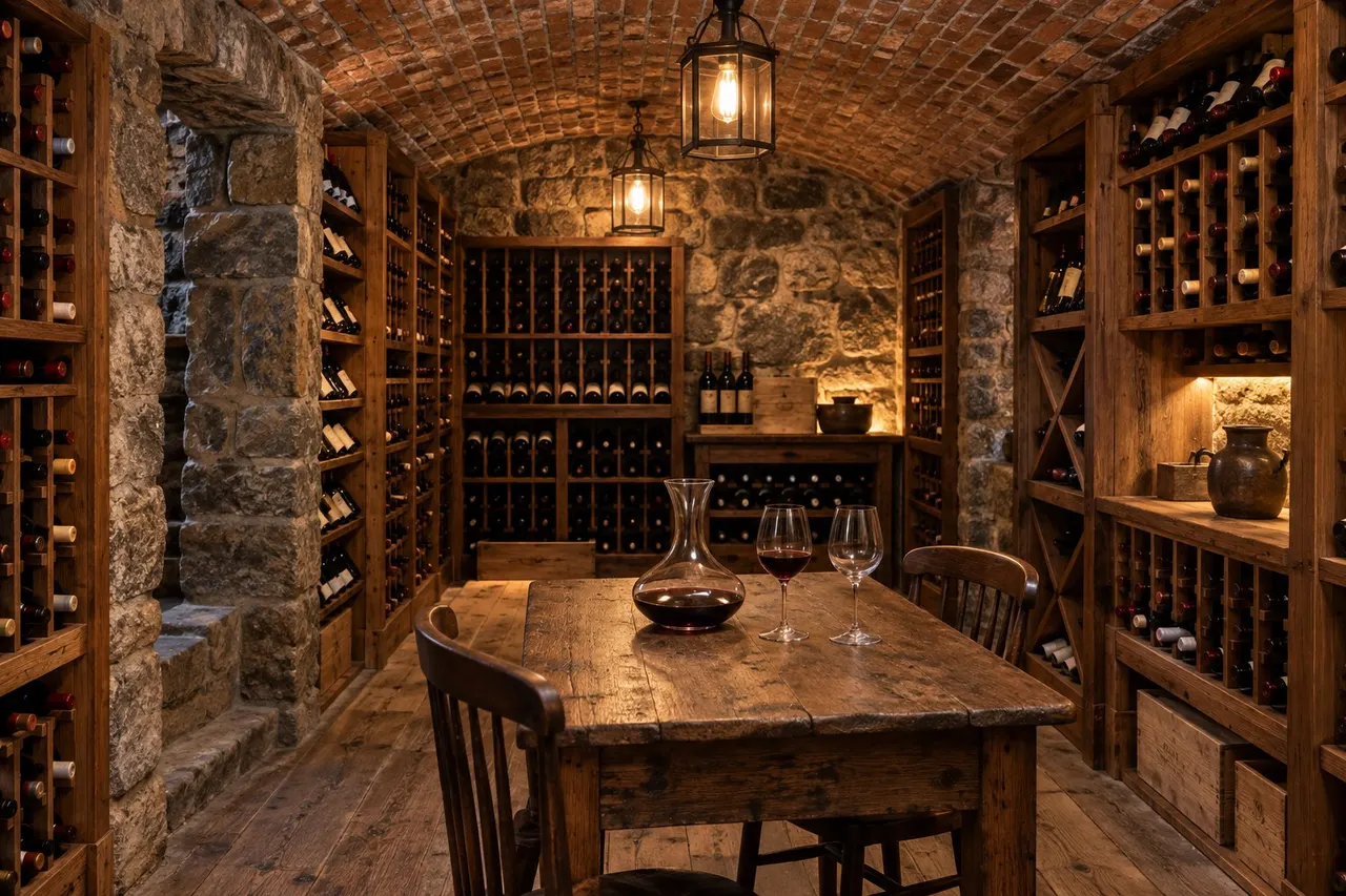 A wine cellar in a stone foundation under a brick vault, lit by lanterns, with a small tasting table