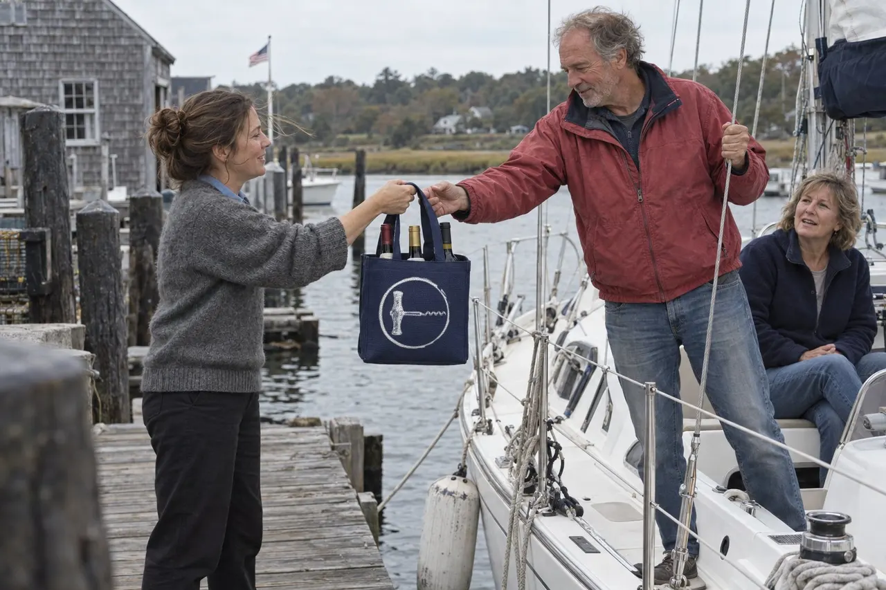 A shop staffer on a dock hands a navy Spencer & Lynn wine tote with three bottles to a man aboard a moored sailboat while a woman in the cockpit looks on