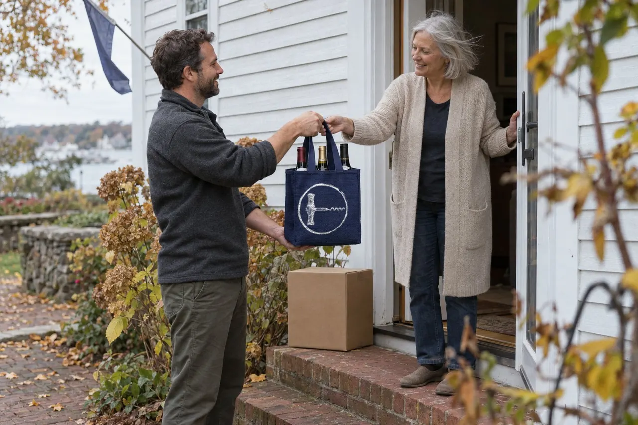 A shop staffer hands a navy Spencer & Lynn wine tote with three bottles to a smiling woman at the door of a white clapboard house, a wine box on the step